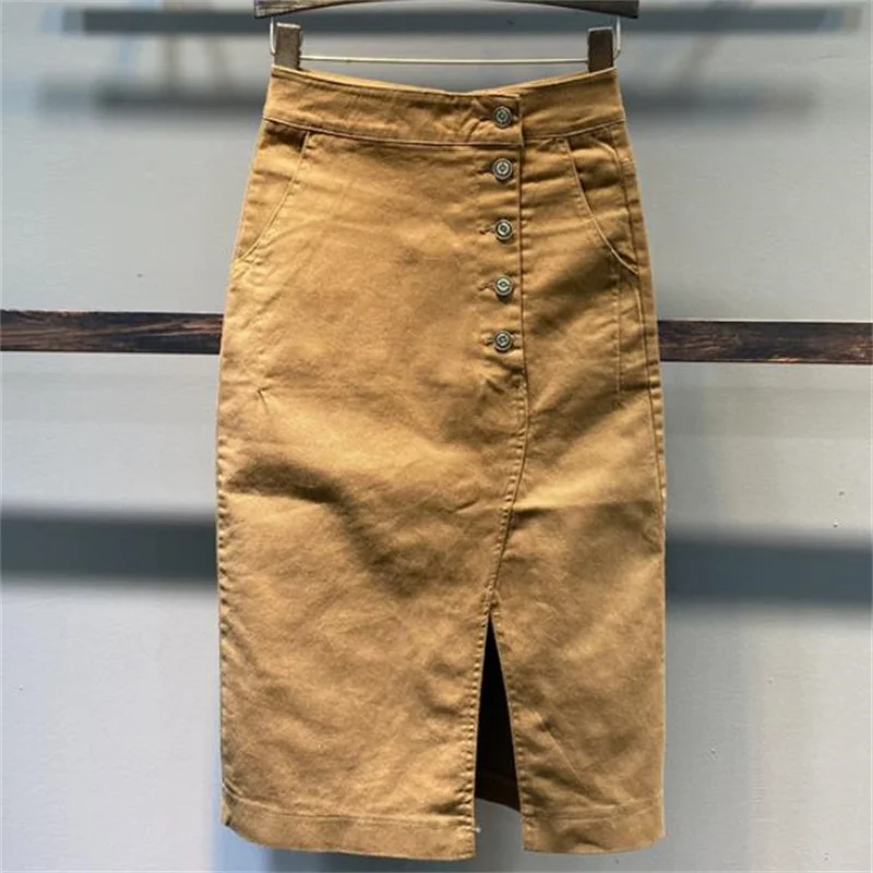 

Irregular single-breasted a-line long skirt new high-waisted split skirt women
