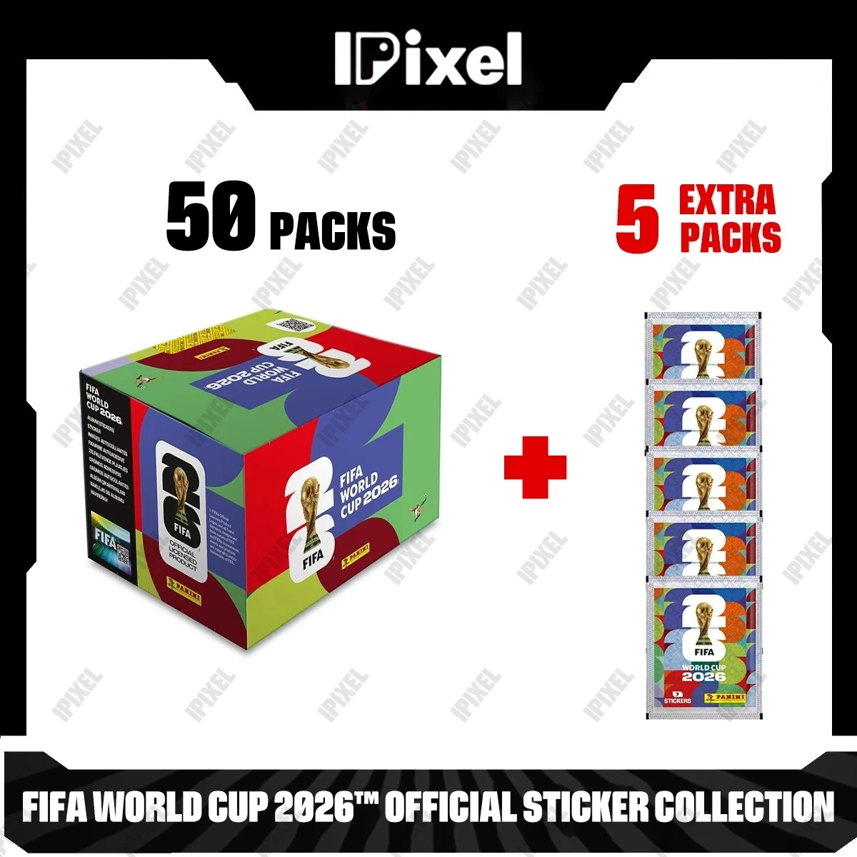 Pegatinas Oficiales de la Copa Mundial de la FIFA 2026 de Panini, 1 Caja con 50 Paquetes, 5 Paquetes Adicionales de Pegatinas Coleccionables para Fanáticos del Fútbol