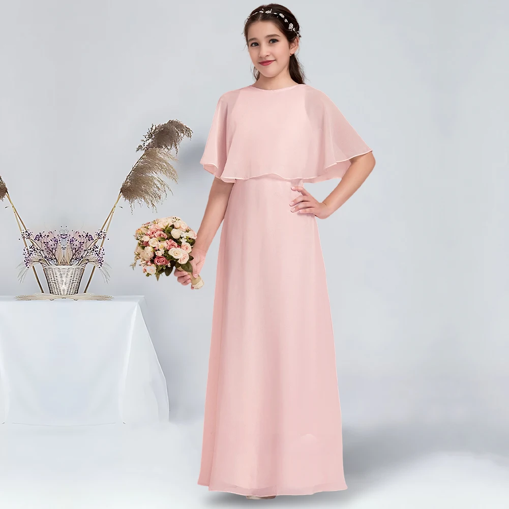 A-line Scoop Floor-Length Chiffon Junior Bridesmaid Dress Elegant Blushing Pink Flower Girl Dress for Wedding Special Occasions