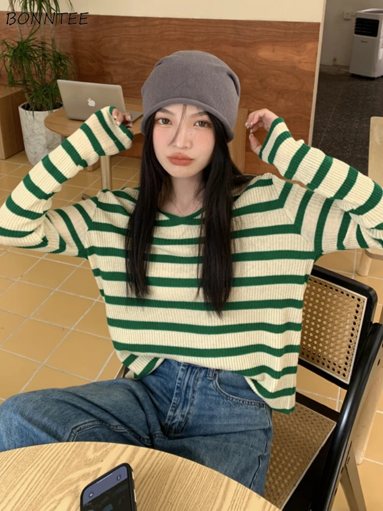 

Striped Pullovers Women Knitted Aesthetic Clothing Knitwear Sweater Temper Casual Jumper Autumn Gentle All-match Daily Sweaters