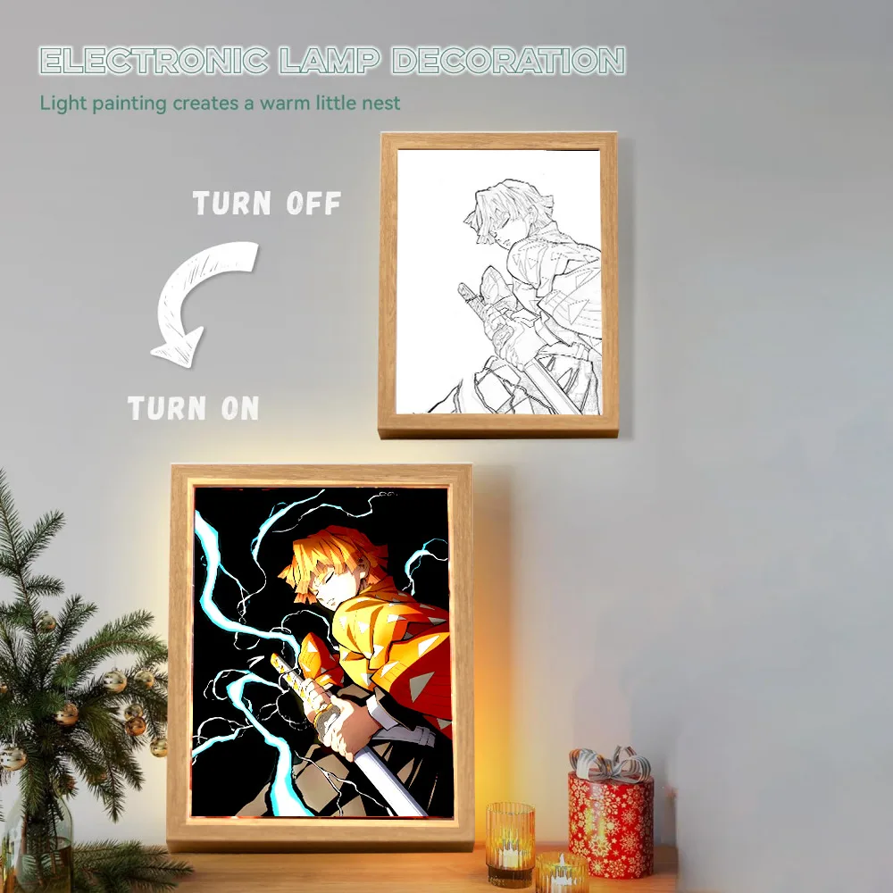 Anime Light Painting Moon Lamp Kyojuro Rengoku Kimetsu Demons Slayer Led Photo Frame for Room Wall Art Hoom Deco No Yaiba Gifts