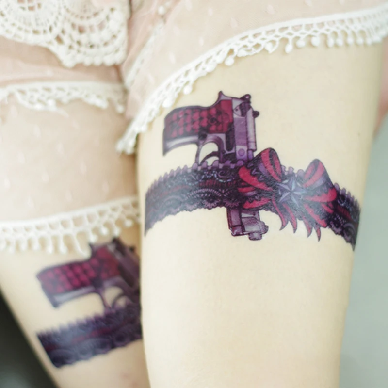 Leg Water Transfer Tattoo Sexy Lace and Gun Design Fake Body Art Temporary Tattoo Stickers For Women