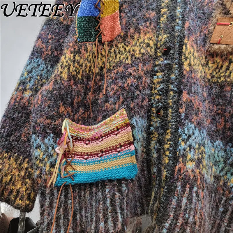 

Осень-зима, новый корейский стиль, свободный однобортный свитер с v-образным вырезом, пальто для женщин, винтажный возрастной вязаный кардиган, топ