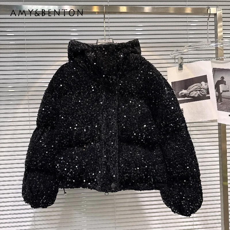 Nowa, specjalna, wytworna kurtka puchowa z cekinami, ocieplana, z kapturem, bawełniana, zimowa, ciepła, z długim rękawem, zapinana na zamek, parki, top, damska