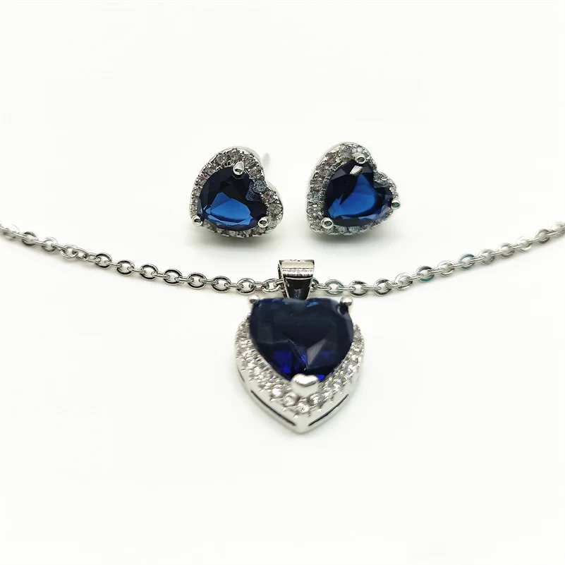 CC Stud Earring Necklace Jewelry Set For Women 2pcs Blue Heart Zirconia Stone Silver Color Love Fashion Accessories