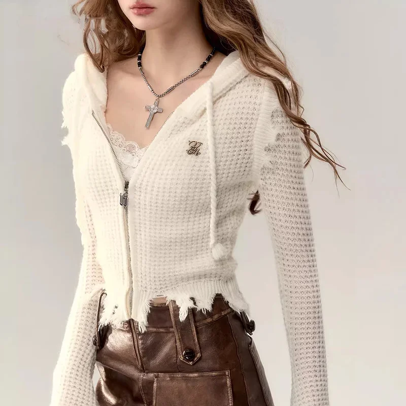 Hooded Knitted Cardigan Women Fashion V Neck Pattern Tassel Sweater Female Spring Autumn Lrregular Hem Walf Checks Street Tops