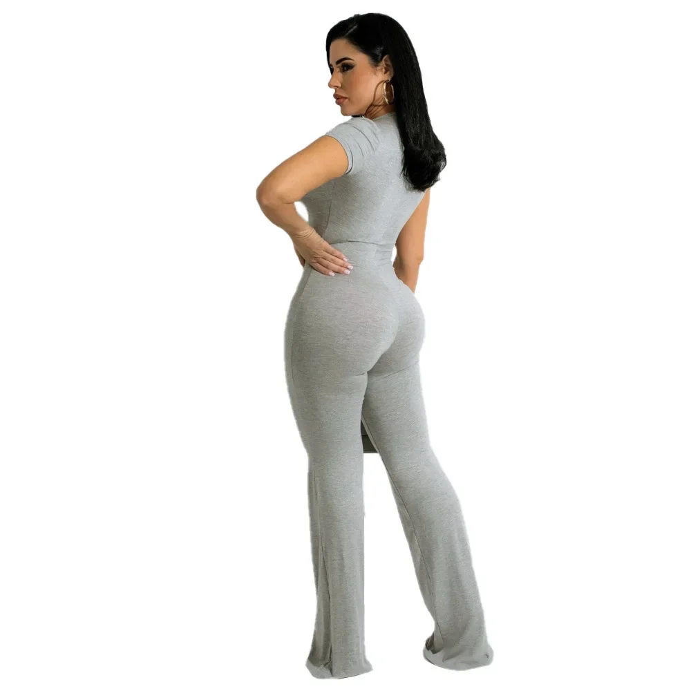 MM2160 Sexy Women's Explosive Solid Color Flared Pants Short Sleeve Women's Grey Jumpsuit