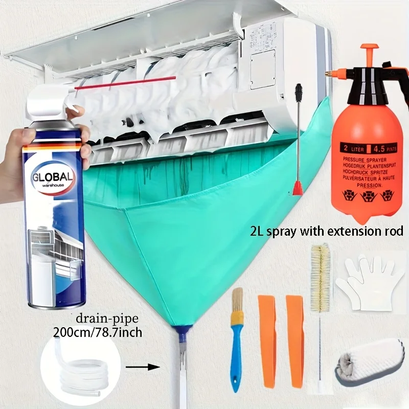 6/8pcs 90cm/35.4in Thickened Hanging Air Conditioning Cleaning Cover Kit 9000-18000BTU with Drainage Pipe Spray Brush Summer Set