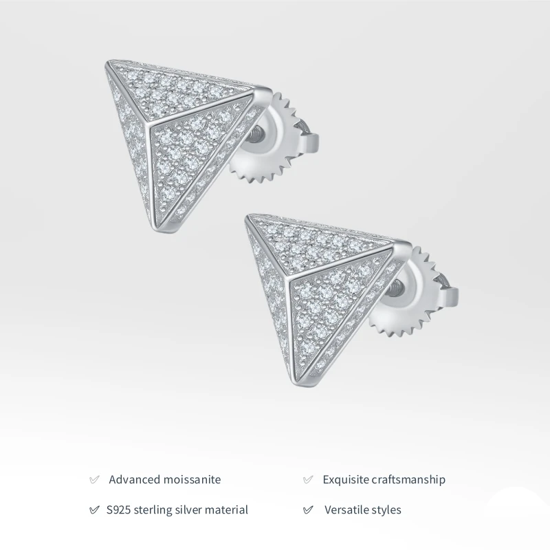 NEO CARAT Men's Triangle S925 Sterling Silver Earring with Threaded Moissanite Trendy Hip-Hop Personalized Gift