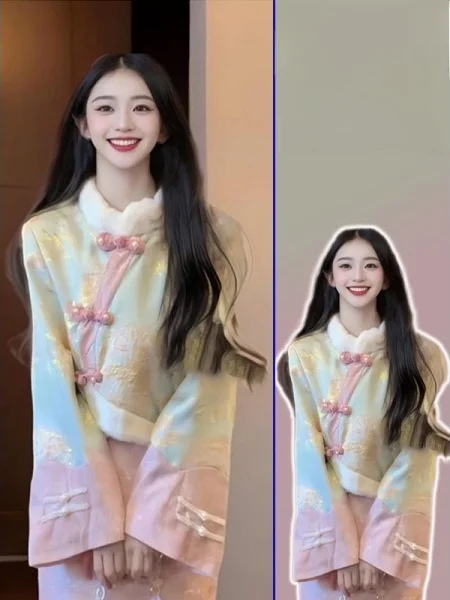 

Новый женский комплект в китайском стиле больших размеров: юбка и хлопковая рубашка с длинным рукавом, воротником-стойкой и застежкой на пуговицах, весна-осень