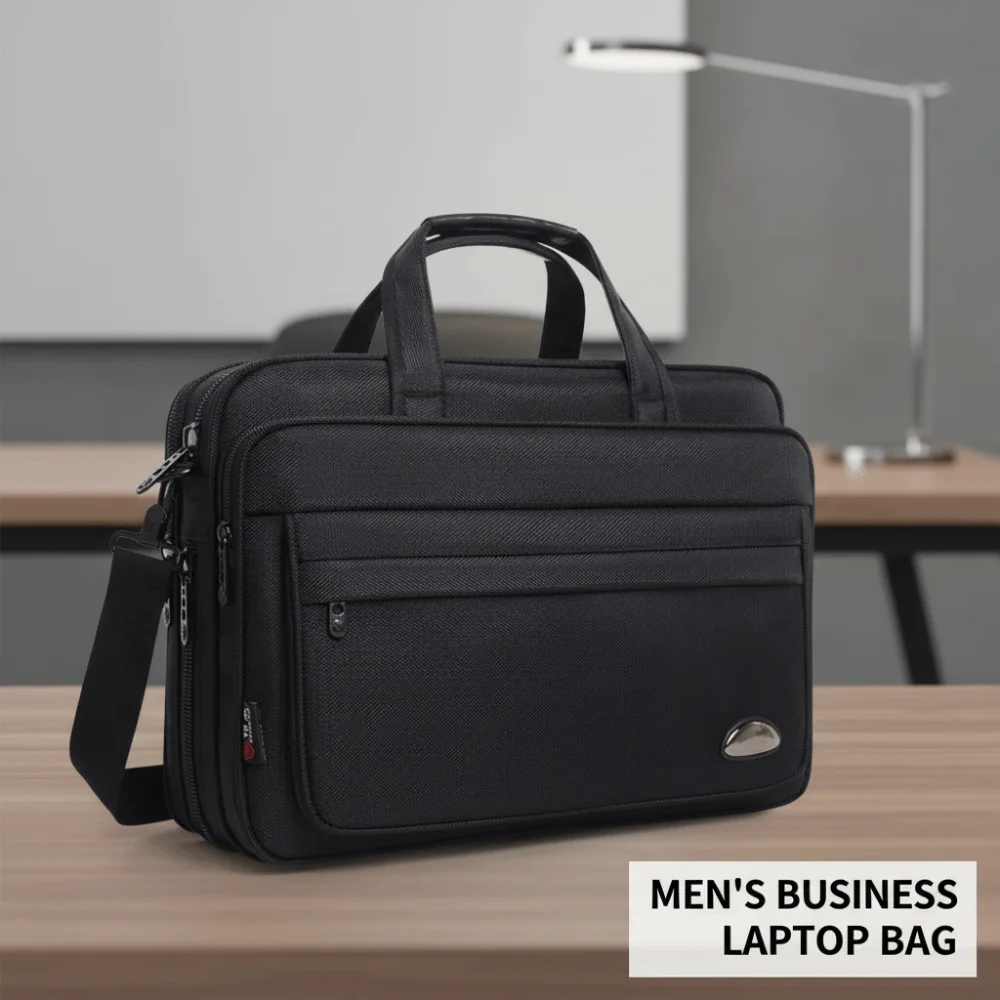 15.6inch Men Business Laptop Bag Shoulder Strap with Handle Portable Laptop Bags Solid Color Black Notebook Shoulder Bag