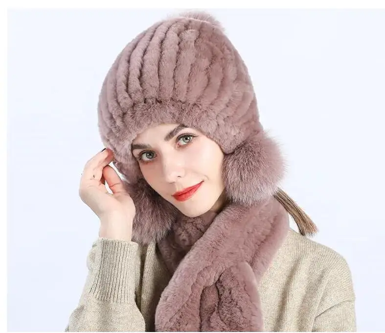 

Women Knit Real Rex Rabbit Fur Hat Scarf Sets Warm Winter Lady Fluffy Cap Muffler Set with Pompom