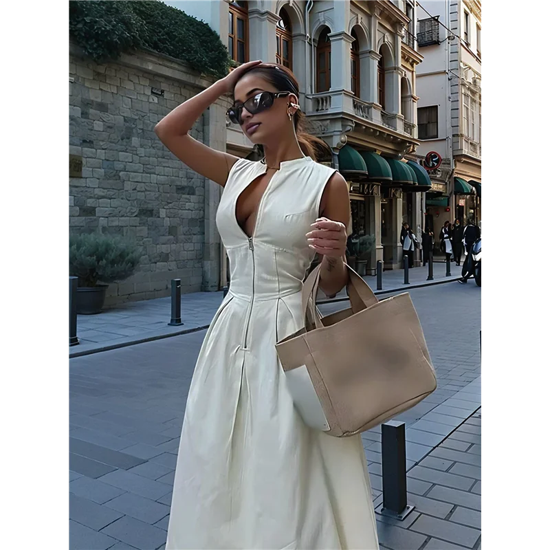 CYL-Vestido midi informal de verano dividido con cintura elástica y cremallera con cuello en V profundo para mujer con bolsillos