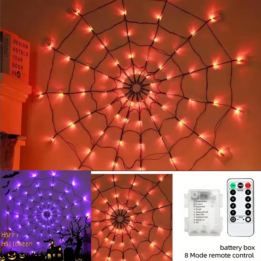 ไฟ LED สายยาวสำหรับฮาโลวีน ไฟรังแมงมุม DIY ใช้แบตเตอรี่ 8 โหมด ควบคุมด้วยรีโมท 70 หลอด LED สำหรับตกแต่งห้องในงานปาร์ตี้ฮาโลวีน