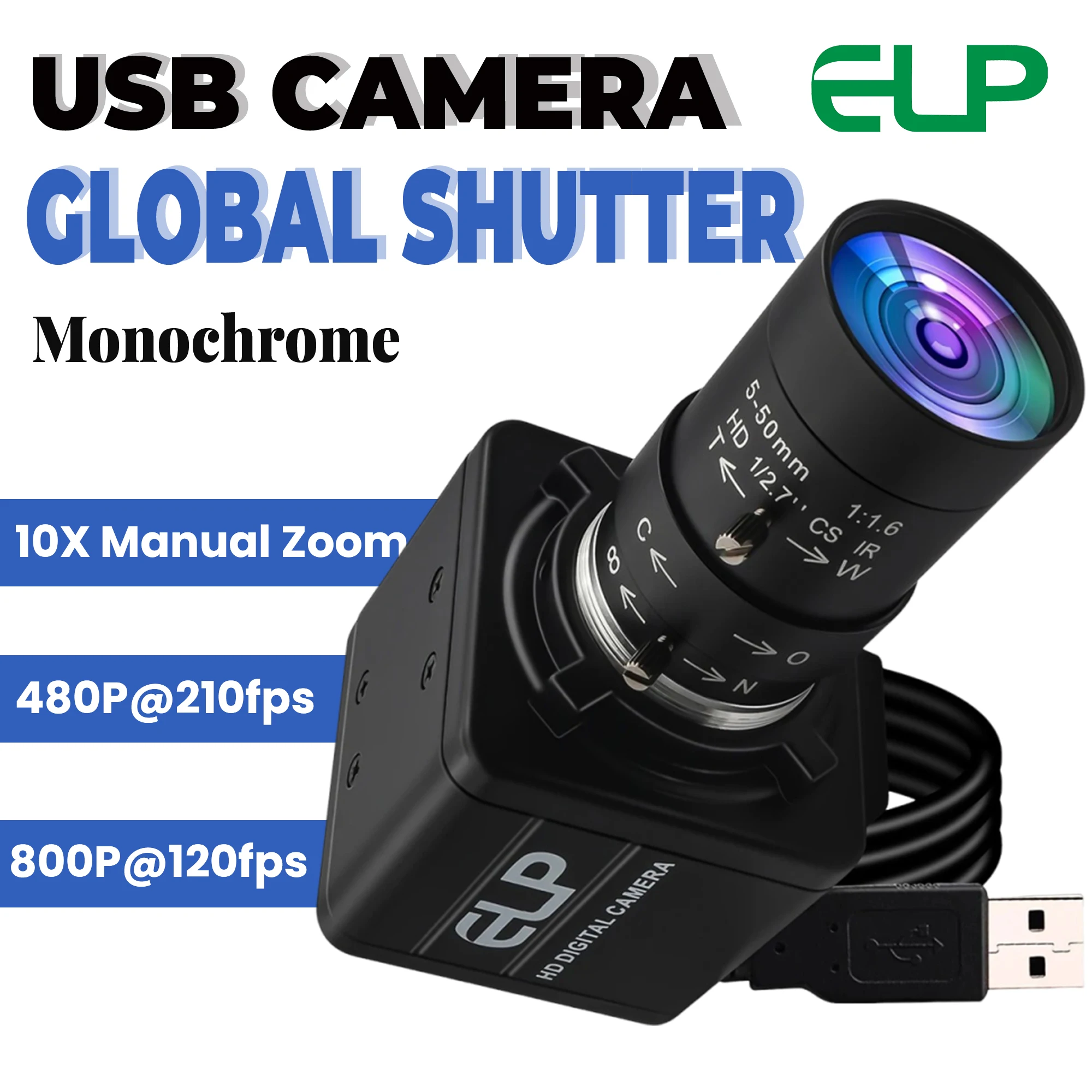 ELP Global Shutter Monochrome HD Webcam 640fps/ 420fps/ 210fps/120fps High Speed USB2.0 Camera 5-50mm Manual Focus Lightburn UVC