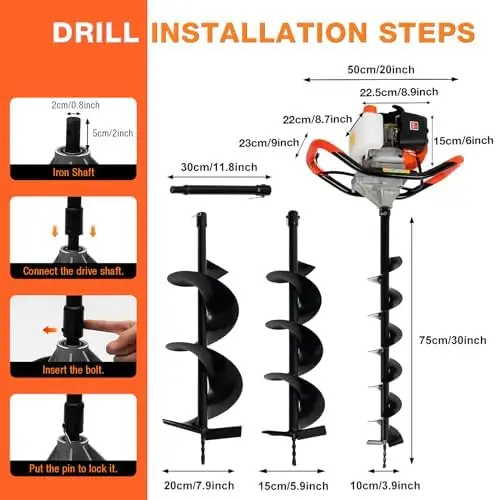 Gas Powered Earth Auger, 52cc 2-Stroke Post Hole Digger with 4