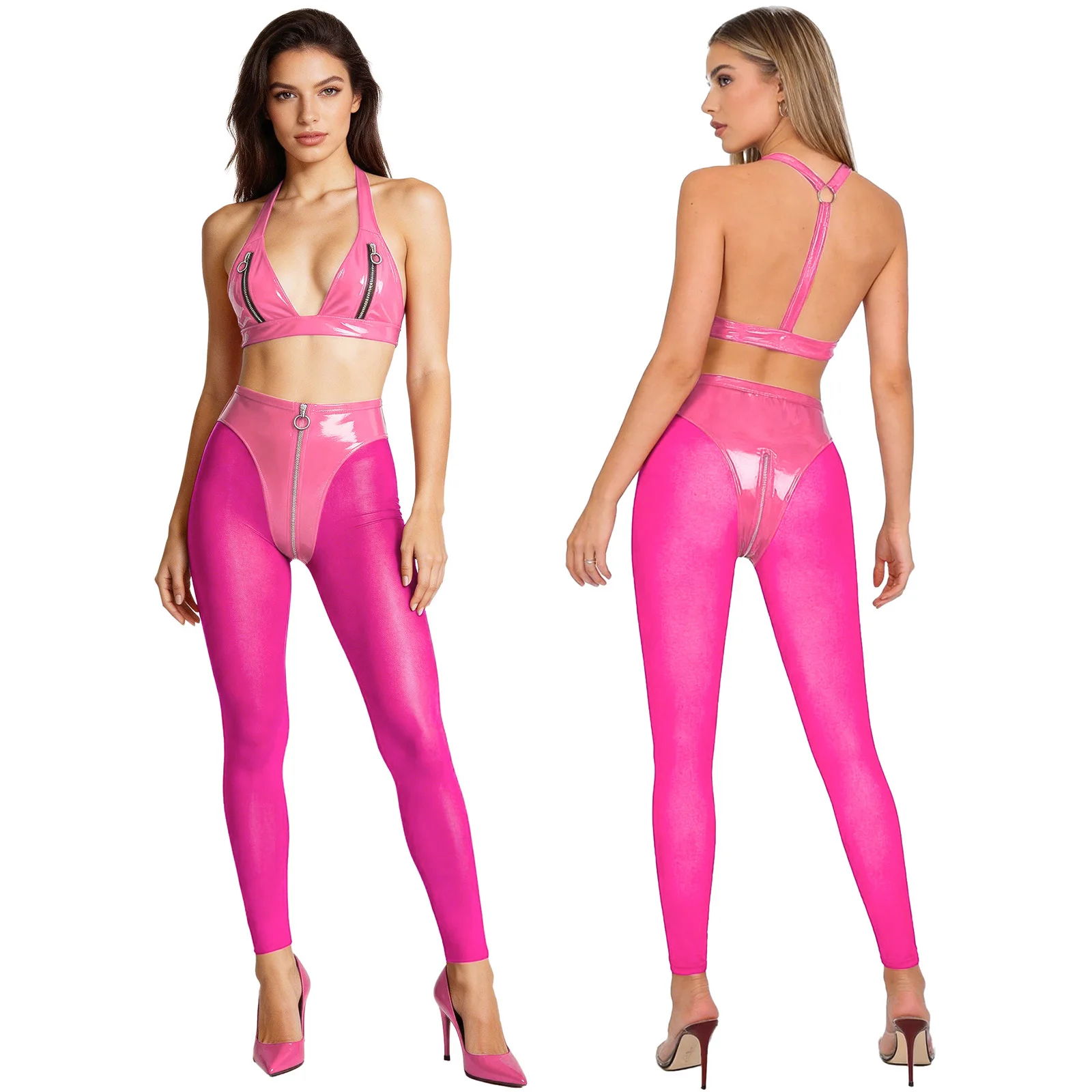 Women Sexy Costume Set Glossy Patent Leather Crop Tank Top Bra with Mesh High Waist Leggings Rave Party Nightclub Bar Clubwear