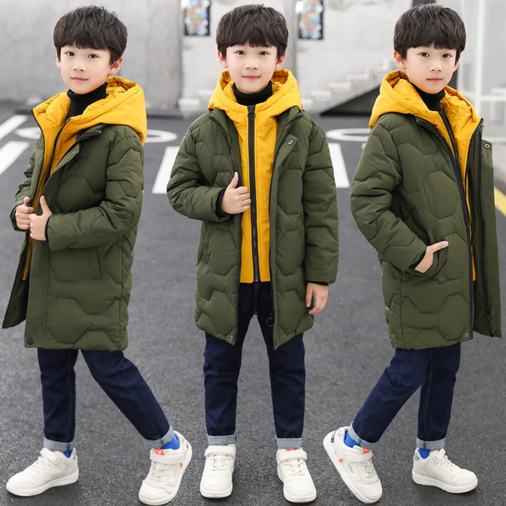 Manteau d'hiver en duvet de coton pour garçons, faux manteau rembourré à capuche longue deux pièces pour enfants, vêtements d'extérieur pour adolescents, tenues chaudes pour enfants