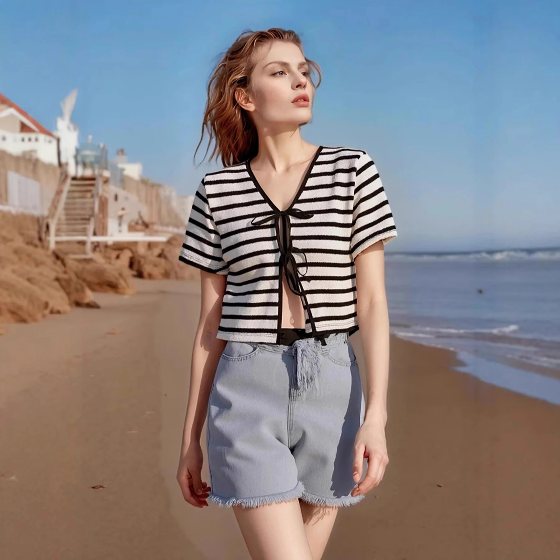 

Черно-белая полосатая укороченная блузка женская с v-образным вырезом и коротким рукавом с завязкой спереди в стиле бохо, пляжный летний топ для девочек