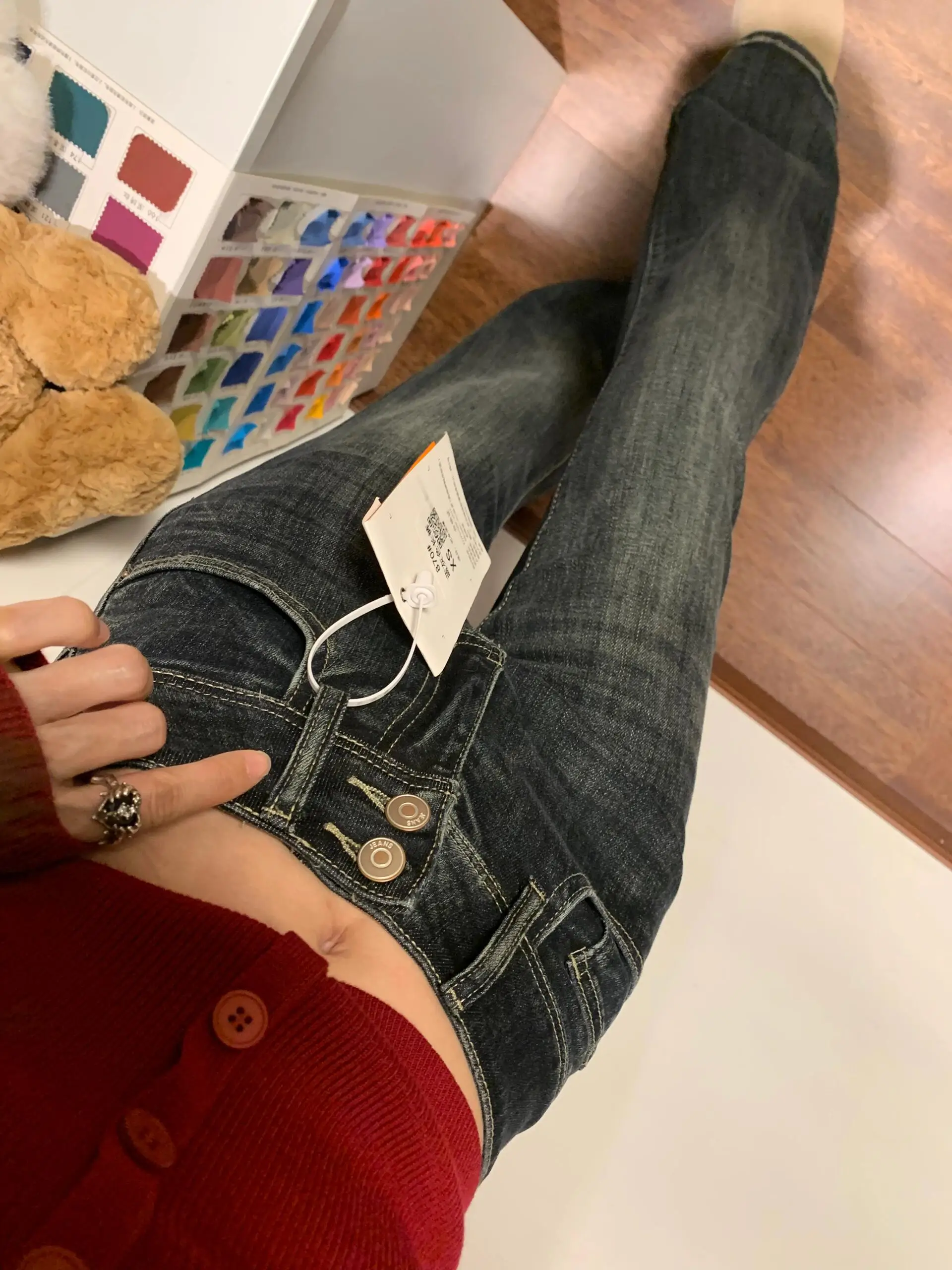 

Y2K Double Button Jeans Women American Retro Micro Flared Summer High Waisted Elastic Horseshoe Pants