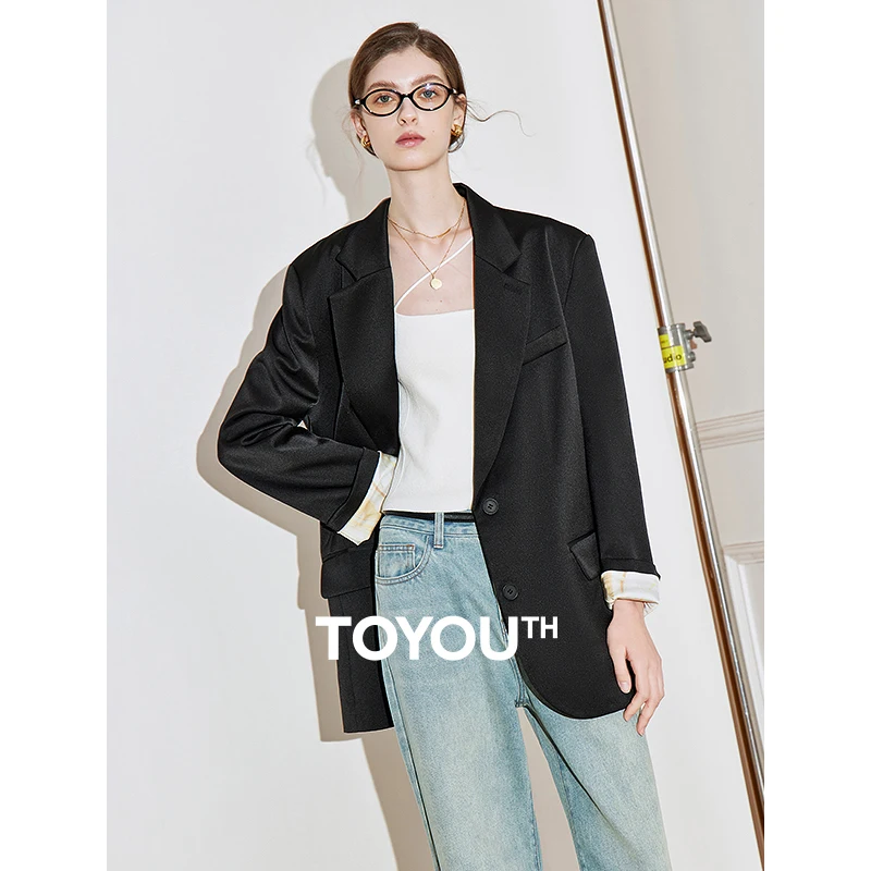 TOYOUTH Women Blazer Jacket 2025 Spring New Split Notched Shawl Satin High End OL Workwear Suit Jackcet Black