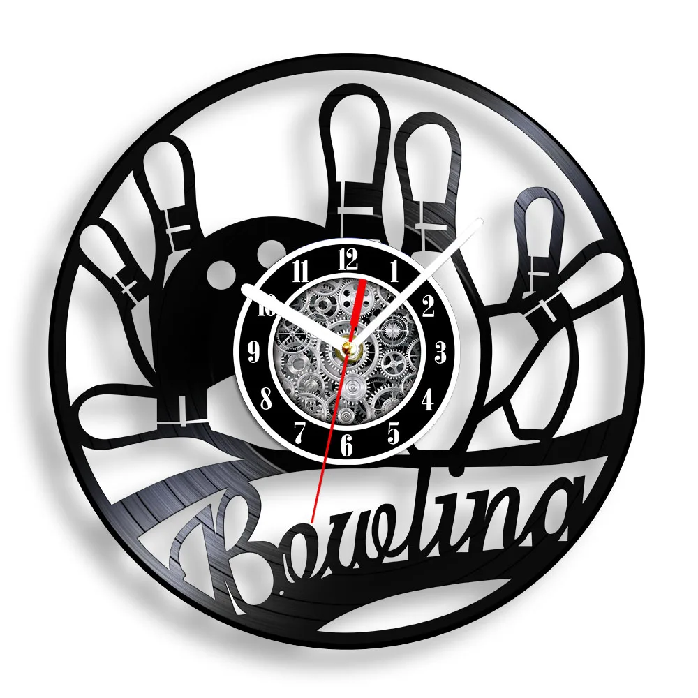 Bowling Ball Vinyl LP Record Wall Clock for Game Room Man Cave Bowling Pin Sports Fitness Artwork Retro Music Album Wall Clock