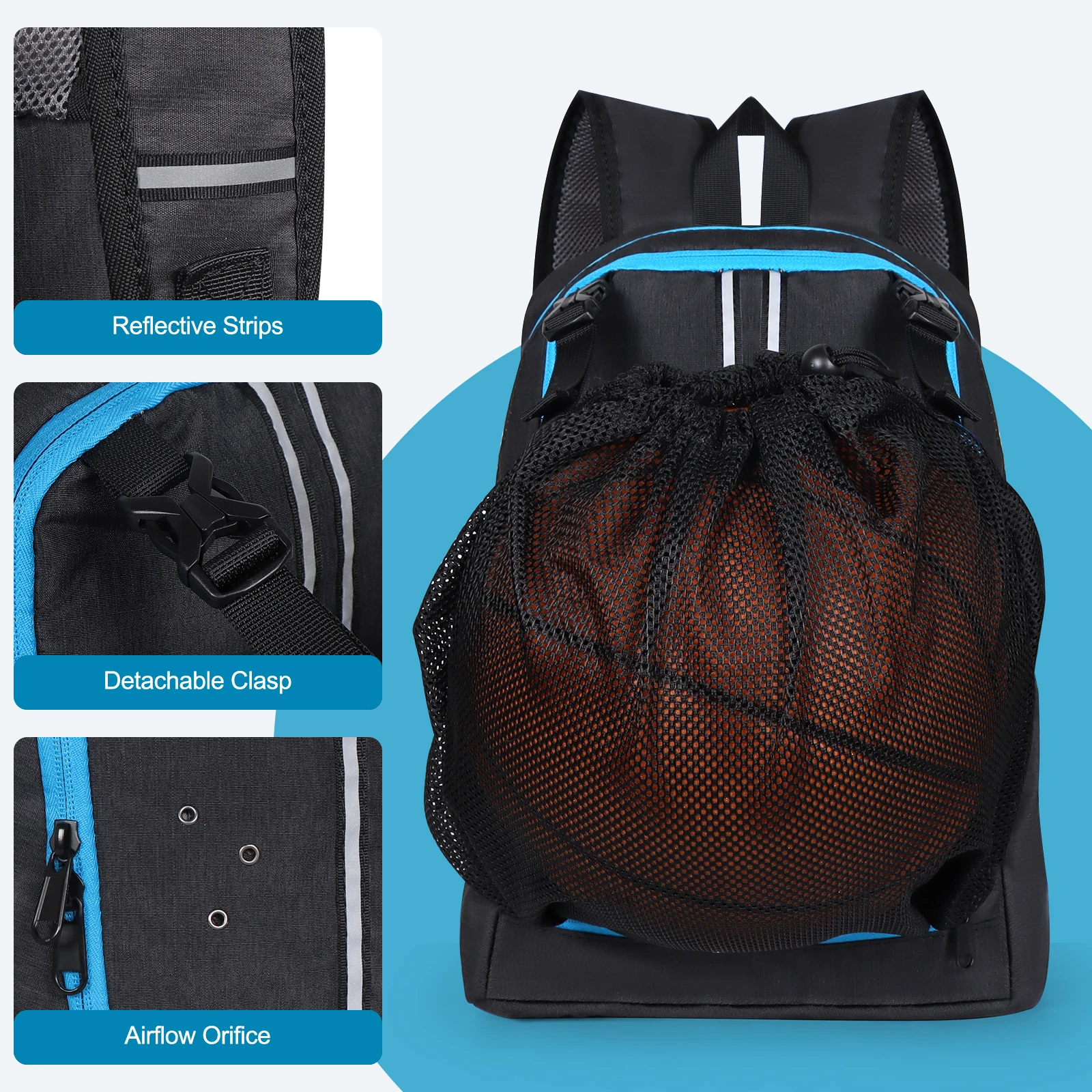 Large Capacity Outdoor Sports Backpack Lightweight Gym Travel Bag Separate Shoe Compartment Basketball Net Gear