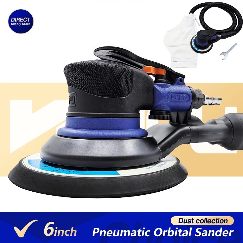 

6 Inch Industrial Pneumatic Orbital Sander Polisher with Dust Extraction 10500 RPM 5mm Orbit Air Powered for Car Metal Polishing