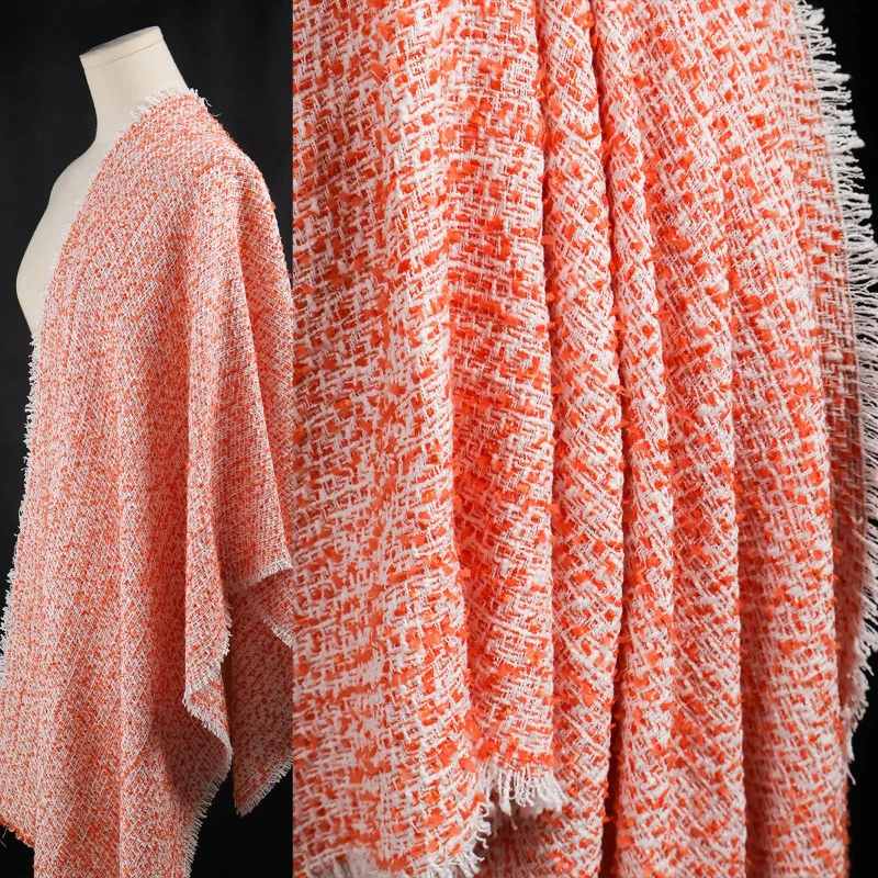 

Fluffy and Exquisite Woven Orange Contrasting Tassel Small Fragrant Style Coarse Woolen Woven Fabric Designer Clothing Fabric