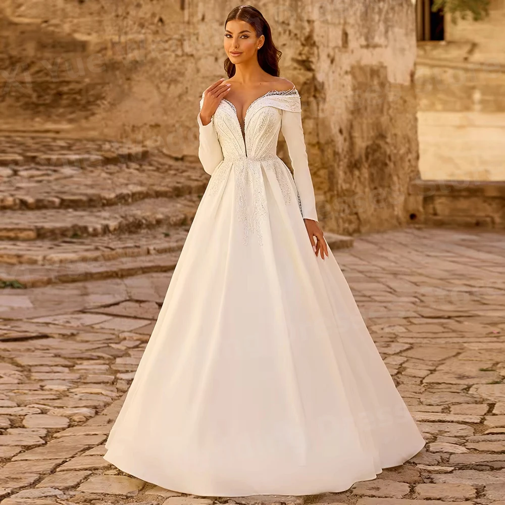 Fascinating A Line Women's O Neck Long Sleeve Wedding Dresses Vestido De Novia Lace Satin Bride Gowns Customized Robe De Mariée