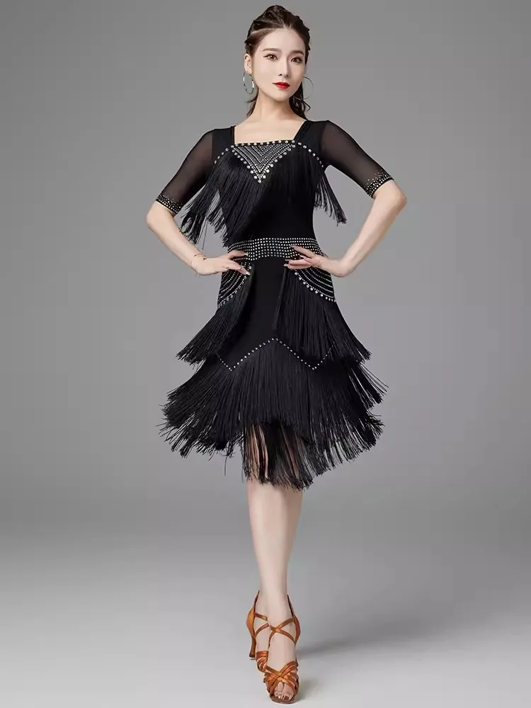 Hot Drilling Women Ballroom Dress Samba Costume Short Sleeves Party Dress Mesh Stretchy Latin Dance Competition Fringes Dresses