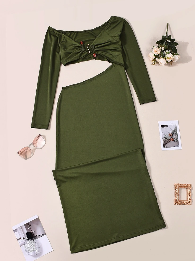 SsTss-Vestido largo verde de verano para mujer, vestido largo a la moda con cuello en V y hombros descubiertos, manga larga, corte ajustado, para fiesta en la playa y Club