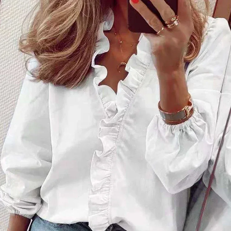 Sweet Ruffles Shirt for Women, Elegant Blouse, Floral Letter Print, Long Sleeve, White Tops, Loose Clothes, Spring Autumn, 18246