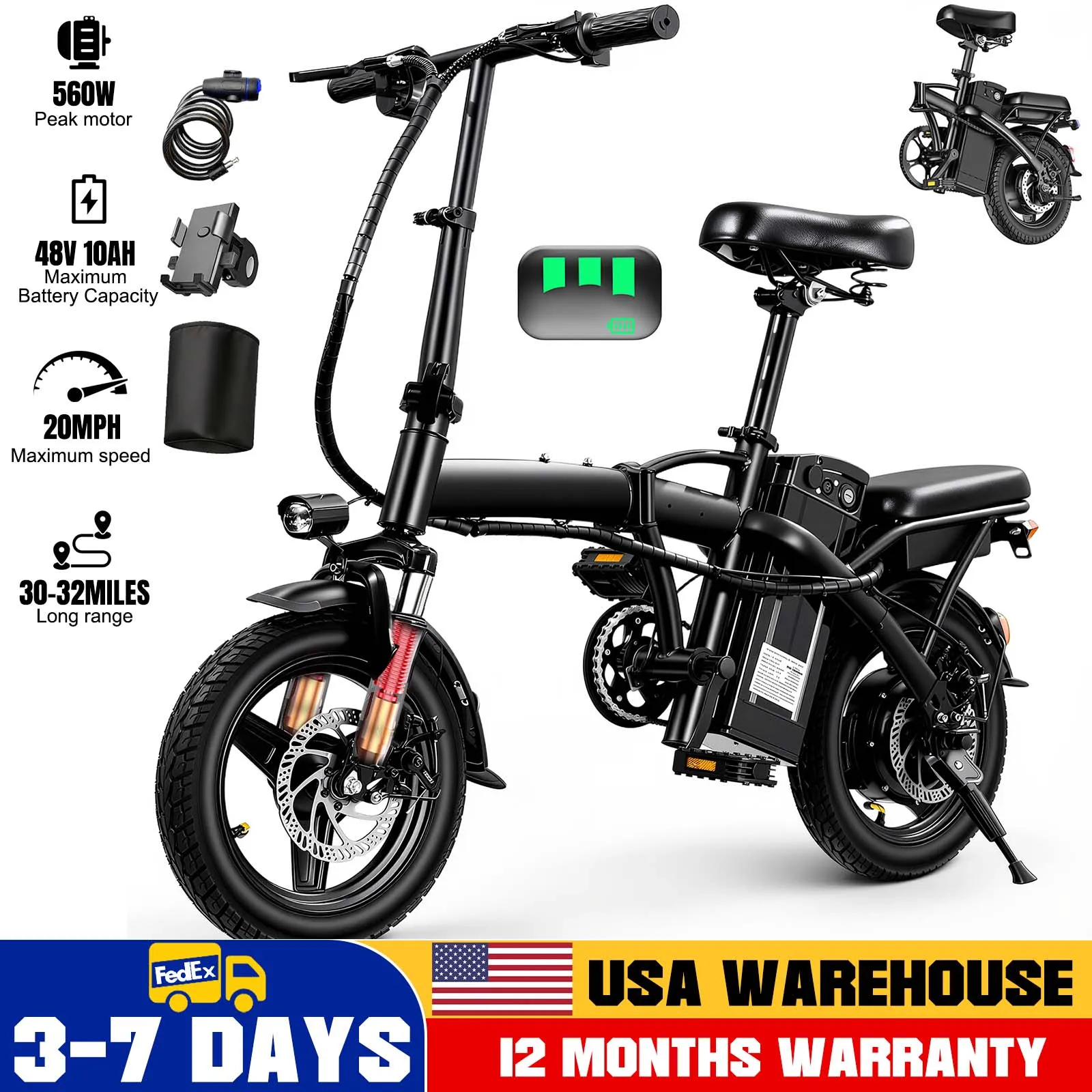 Electric Bike for Adult, 20MPH,Peak 560W Motor,48V Removable Battery,14inch Folding Electric Bike,Maximum 32 Miles,1Year Warranty Ebike