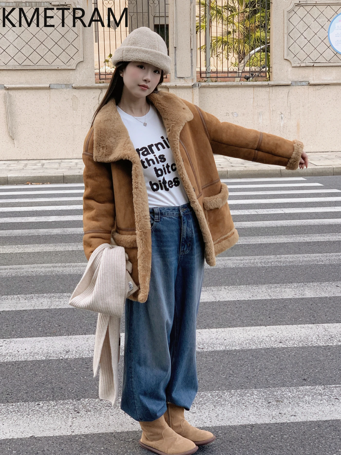 معطف KMETRAM من جلد الغنم الطبيعي مع معطف عتيق متوسط الطول من الفرو الحقيقي ملابس نسائية شتوية جديدة في معاطف Fourrure #2