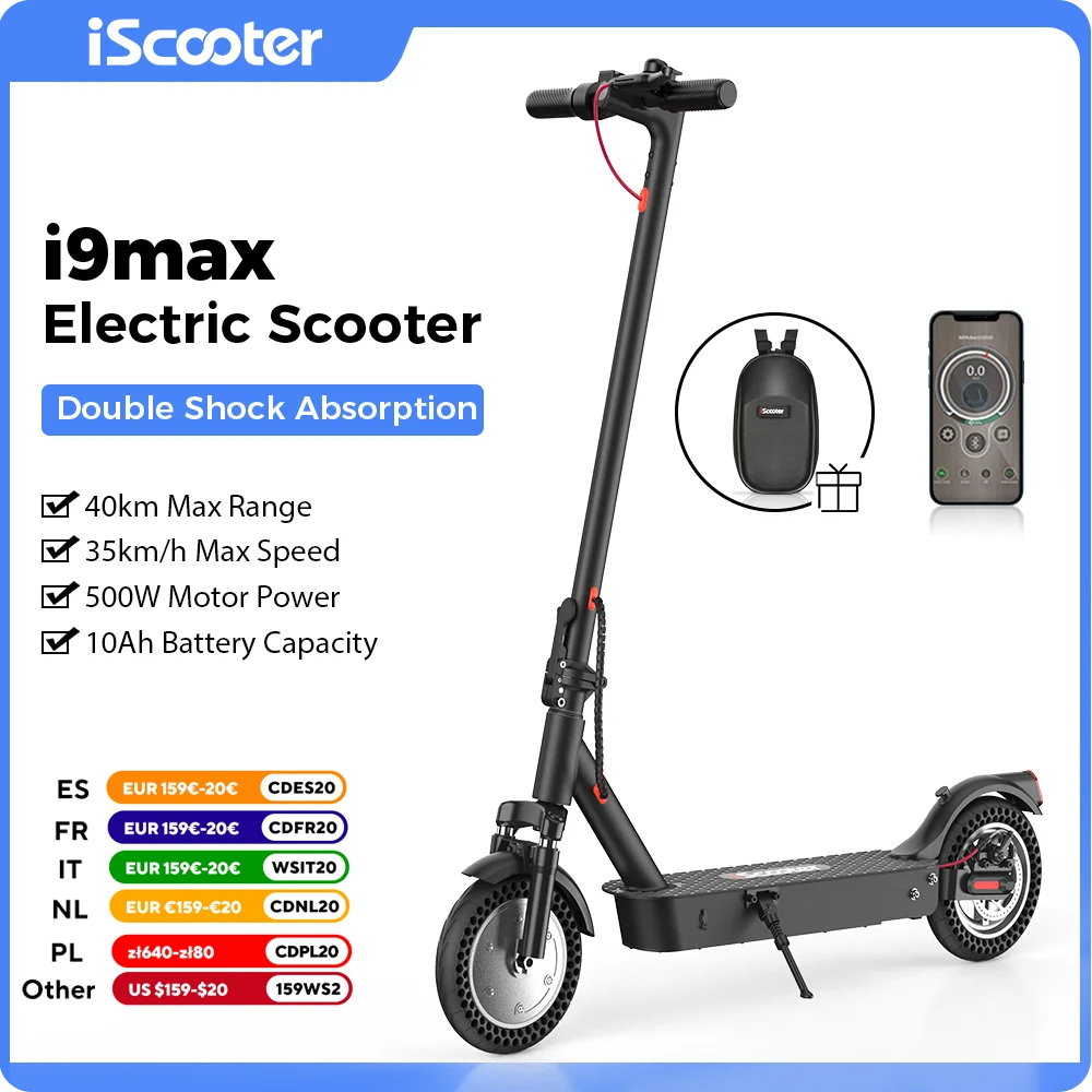 iScooter i9max Electric Scooter 500W 10Ah Powerful Electric Kick Scooter 40km Max Range 35km/h Speed Electric eScooter With APP