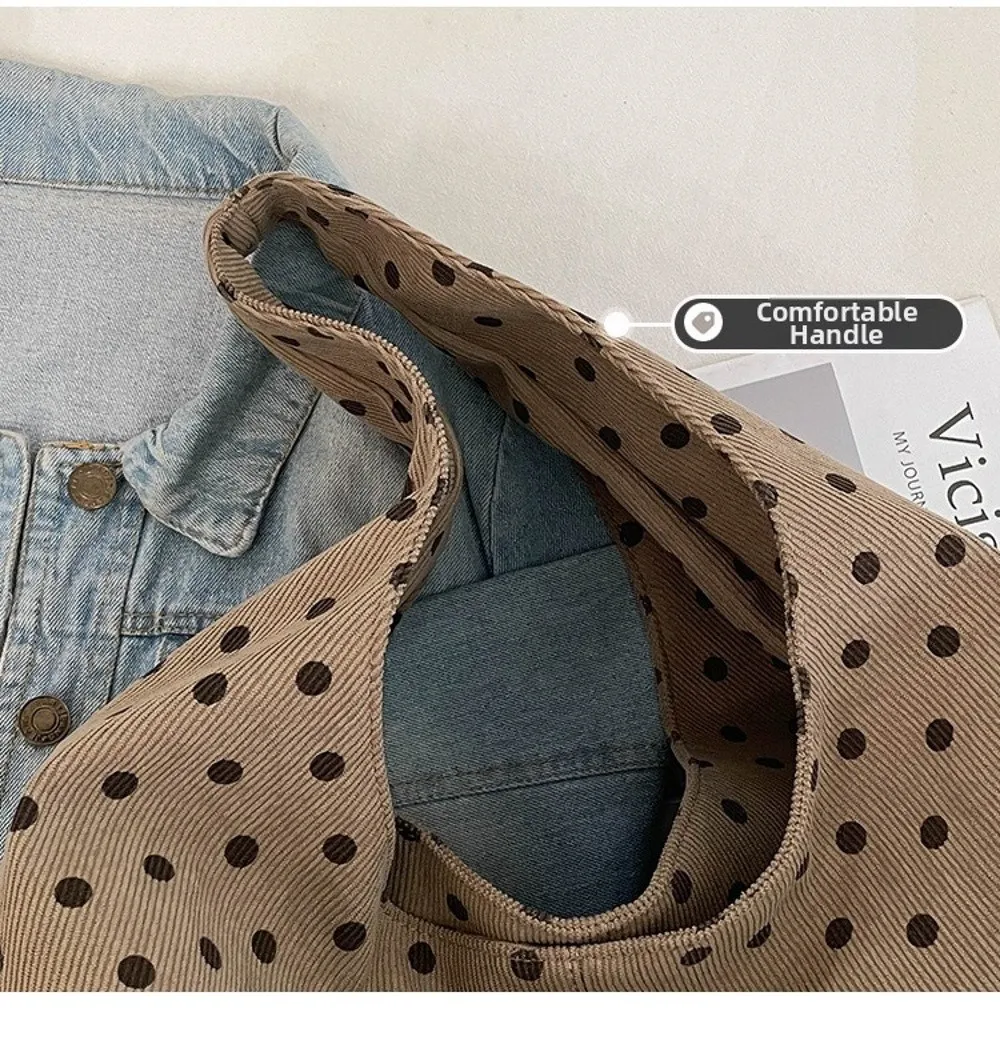 Neue Damenhandtasche mit Polka-Dot-Muster, lässige Umhängetasche aus Cord, große Tragetasche für den täglichen Pendelverkehr – Detail 3
