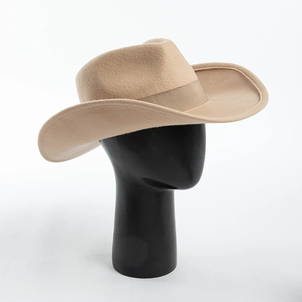 100% Gyapjú Végigtapogat Cowboy Kalap Széleskörű Káva vel Pántlika bowknot