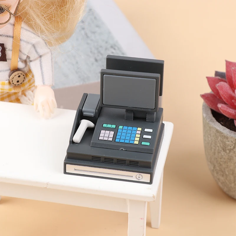 1 Juego de decoración de escena de casa de muñecas, máquina de tarjetas de tienda de supermercado, modelo de escáner de juguete