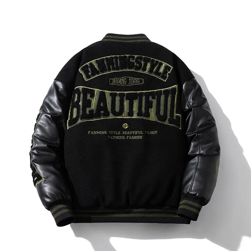 American Retro Woolen Baseball Jacket Men's  Winter Thick Loose Contrast Color Embroidered Flight Cotton-Padded Fashion