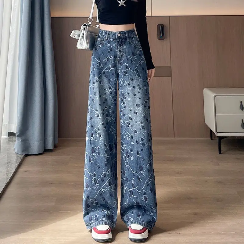 

Широкие джинсы с вышивкой для женщин, новинка 2025 года, свободные весенне-осенние прямые брюки-эта с высокой талией