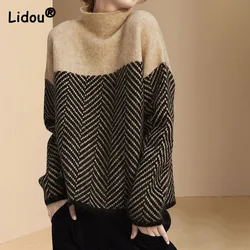 Thicken Turtleneck Striped Spliced Autumn Winter Pullovers Three Colors Slight Strecth England Style Loose Patchwork Sweaters