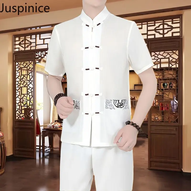 

Summer Linen Stand-up Collar Shirts Pants Suit Men's Chinese Style Cotton Casual Loose High Street Tops Trousers Male Clothes