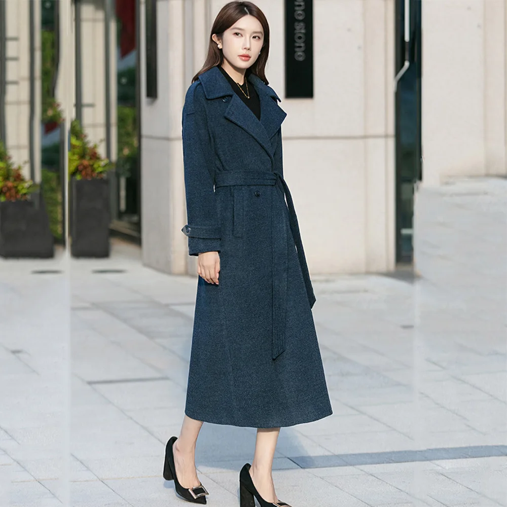 

Новое женское повседневное шерстяное пальто, осеннее модное шерстяное пальто с отложным воротником и тонкой талией, элегантное повседневное длинное пальто, женское
