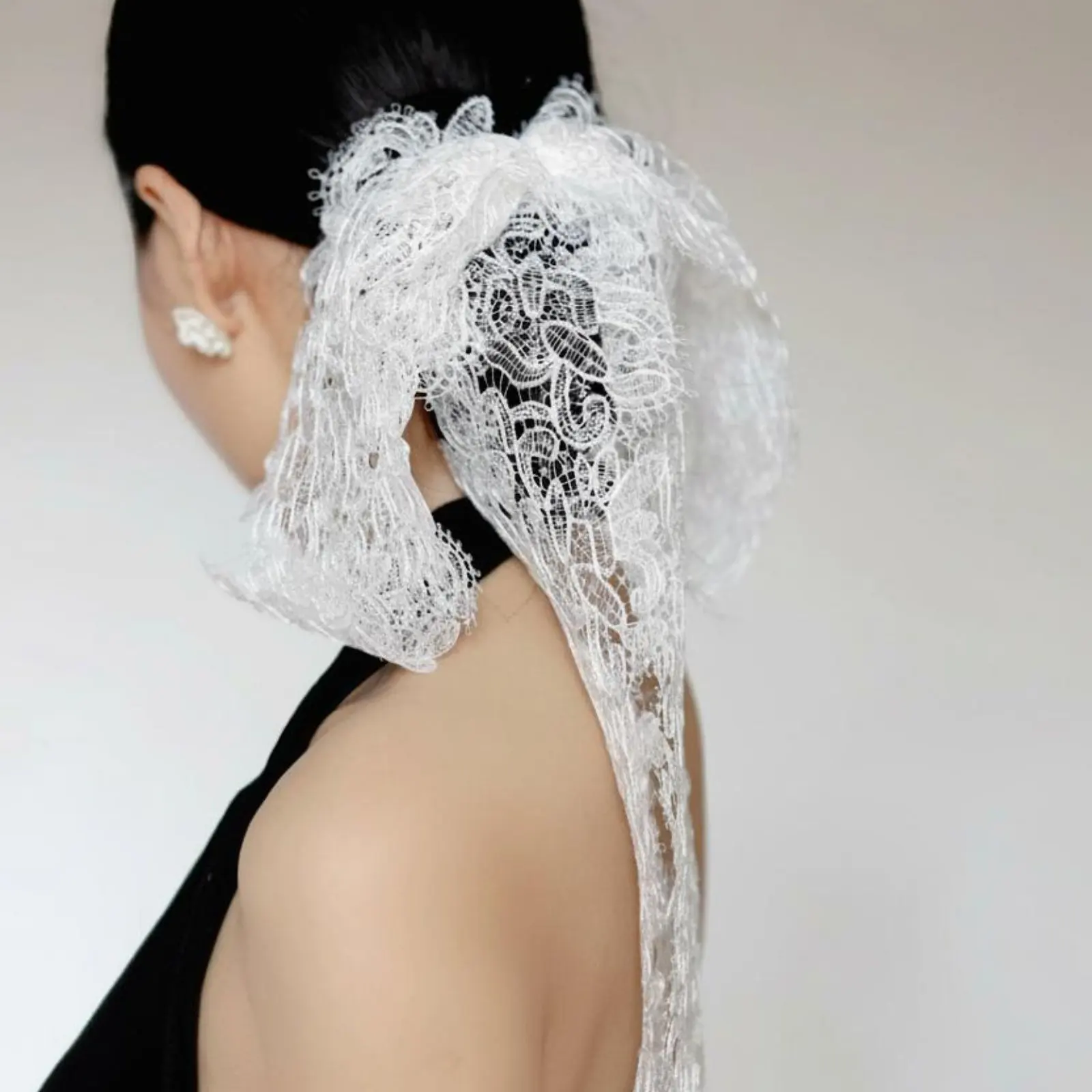 

French Design Hair Barrette Elegant Design Long Tail Lace Knot Large Lace Ponytail Fastener Handmade Lightweight for Weddings