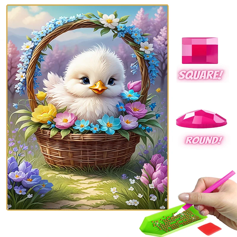 Cartoon Animals Diamond Painting Chick In Flower Basket Full Round Diamond Mosaic Cross Stitch Kit Art Home Decoration Kid Gifts