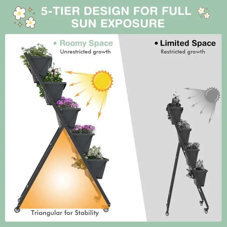 5-Tier vertical garden planting bed with wheels and pots for outdoor use, black steel frame, PP container