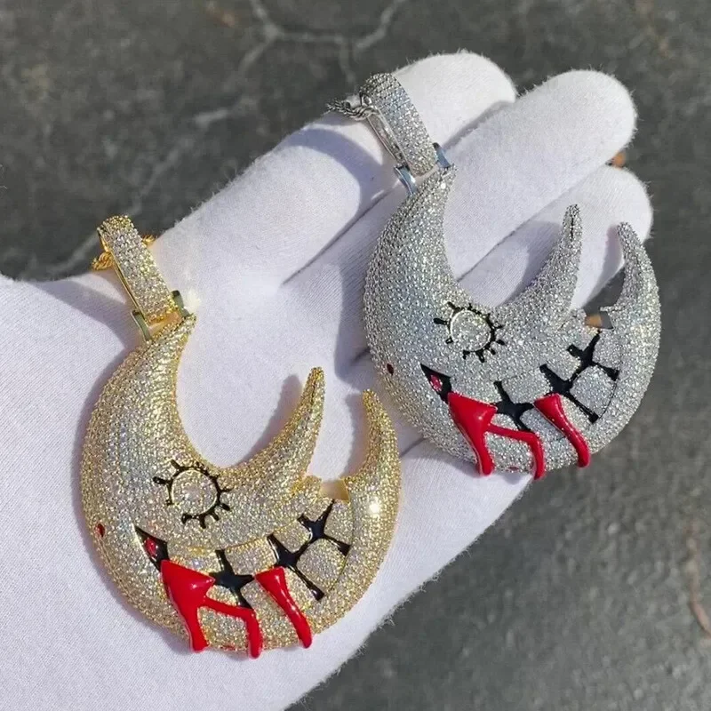 Crystal Cuban Chain Hip Hop Iced Out Bling Necklaces Fashion Charm Jewelry Fashion Men Hip Hop Moon Pendant Necklace