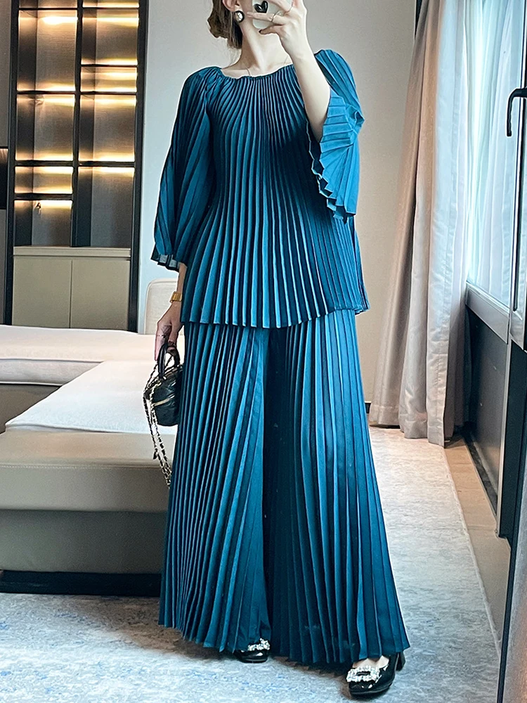 GVUW Fashion Pleated 2 Pieces Set Flare Sleeve Loose Top + Wide Leg Trousers New 2024 Solid Color Casual Clothing 17G5683