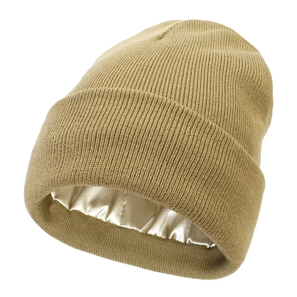 Unisex Satin Lined Beanie Hat For Women Winter Silk Lining Slouchy Warm Cuffed Skullies 2Layer Hair Cover Sleep Cap, image 9